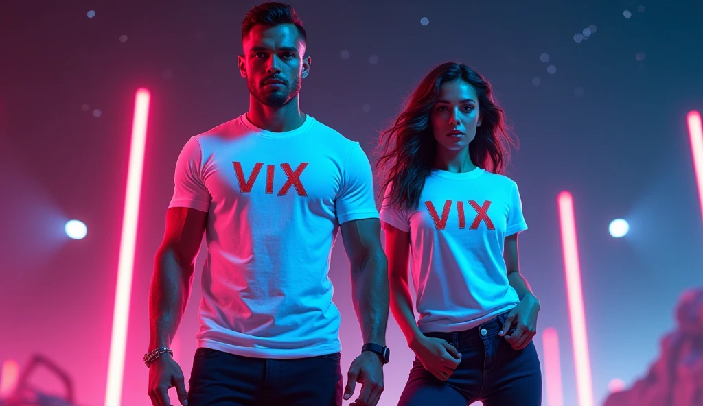 A man with muscles and a woman fitness, dressed in long white t-shirts, with the word "Vix" na camiseta, new fashion, announcement, neon color explosion, in deep space