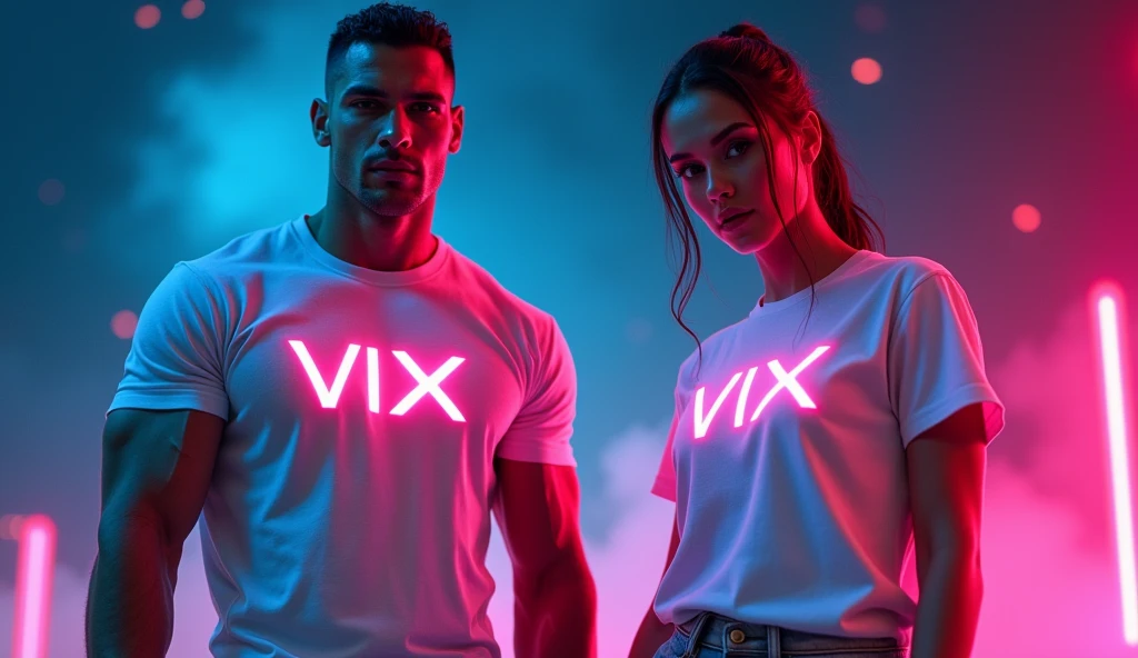 A man with muscles and a woman fitness, dressed in long white t-shirts, with the word "Vix" na camiseta, new fashion, announcement, neon color explosion, in deep space