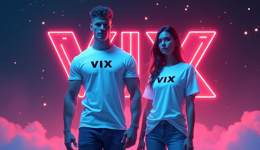 A man with muscles and a woman fitness, dressed in long white t-shirts, with the word "Vix" na camiseta, new fashion, announcement, neon color explosion, in deep space