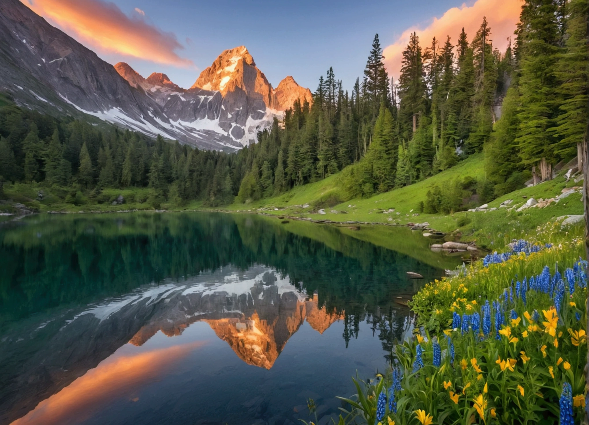 "A stunning 8K resolution landscape showcasing an early morning in a pristine mountainous region. The scene captures the golden light of the sunrise gently illuminating the rugged mountain peaks, which are partly covered with snow. A crystal-clear lake lies in the foreground, perfectly reflecting the towering mountains and the vibrant hues of the dawn sky. The water’s surface is mirror-like, adding a sense of calm and serenity to the scene. Surrounding the lake, lush green meadows are scattered with colorful wildflowers, while tall, majestic trees stand by the water's edge. The overall atmosphere is one of tranquility and awe, capturing the raw beauty of nature in incredible detail."