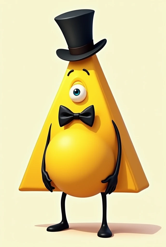 yellow triangle with one eye, bowtie, tophat and black limbs that pregnant