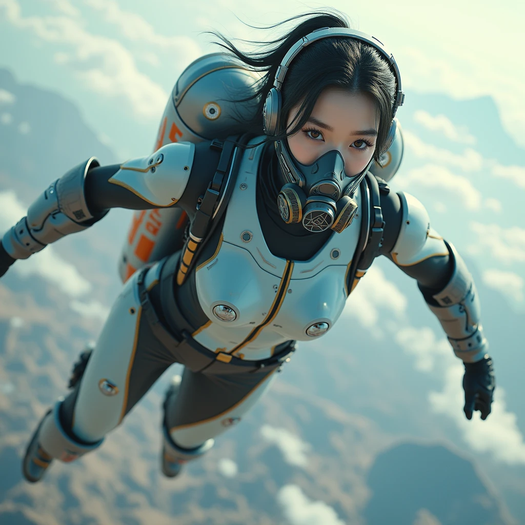 photo-realistic, ultra-realistic, very beautiful Japanese, famous Japanese idol, 20 years old, dramatic scene, masterpiece, beautiful eyes, (extremely intricated with extremely complex futuristic cyber punk mecha armored full-face gas mask:1.5), (wearing stylish colored extremely intricated with complex multi-layered cyber punk mecha armored tight fitting bodysuits with neon marker:1.3), (She uses the ultra high power rocket engine on her back to flying high speed in the sky:1.5), amazing view from sky, (surprising), acrobatic pose, dynamic angle, (shoot from behind), Nimble movements, Sharp turns, (very large breasts)