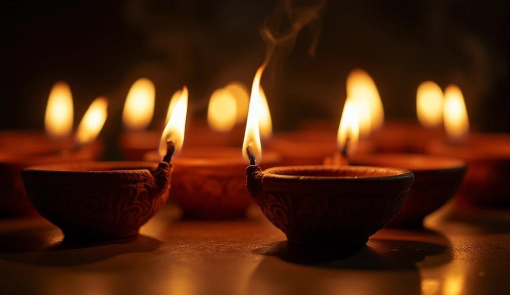 Close-up of traditional Indian Diya lamps glowing with warm yellow light, arranged in a semi-circle, set on a dark background with soft reflections