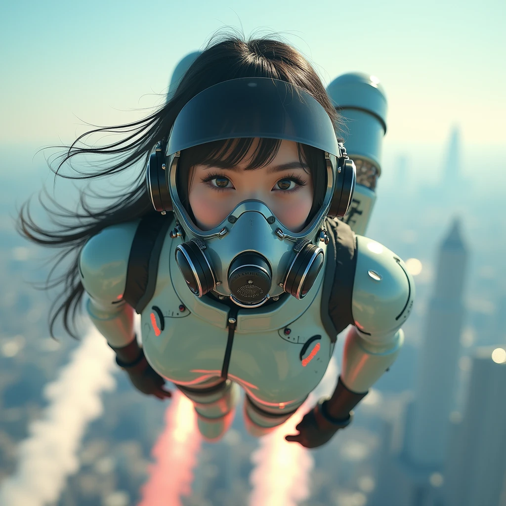 photo-realistic, ultra-realistic, very beautiful Japanese, famous Japanese idol, 20 years old, dramatic scene, masterpiece, beautiful eyes, (extremely intricated with extremely complex futuristic cyber punk mecha armored full-face gas mask:1.5), (wearing stylish colored extremely intricated with complex multi-layered cyber punk mecha armored tight fitting bodysuits with neon marker:1.3), (She uses the ultra high power rocket engine on her back to flying high speed in the sky:1.5), amazing view from sky, (surprising), acrobatic pose, dynamic angle, (shoot from behind), Nimble movements, Sharp turns, (very large breasts)