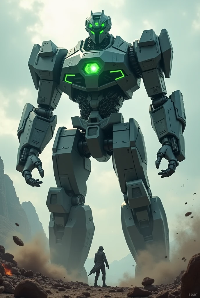A titan battle robot, with a computer replacing his head, with a green core on his chest. Has a Black suit with a white jacket
