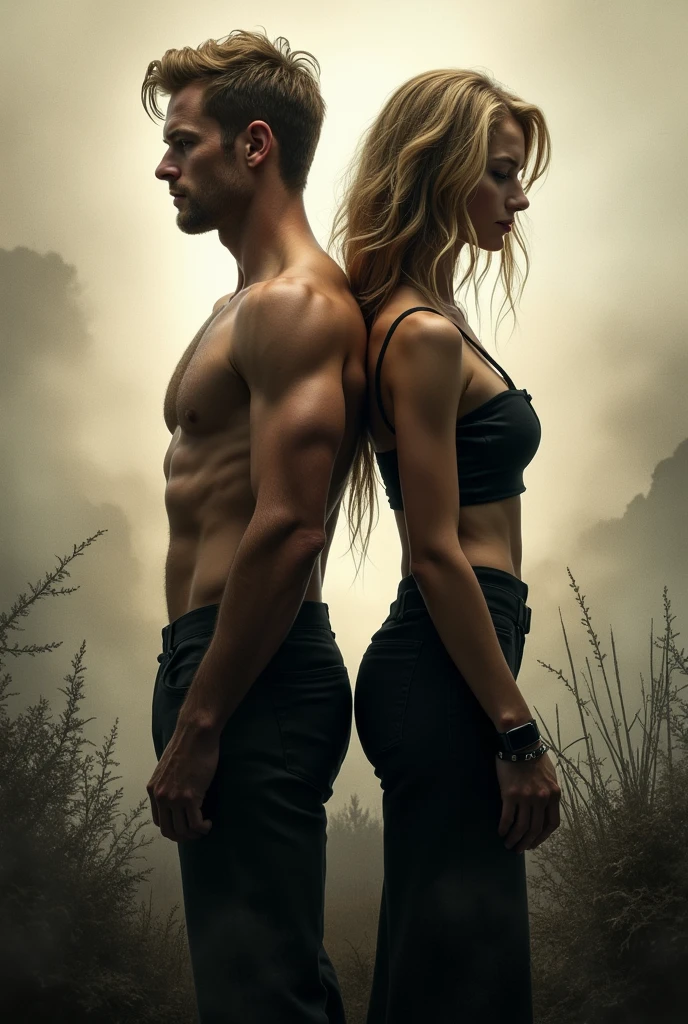 create an image for a book cover inspired by the phrase between bonds and farewells couple leaning one hand on the other back to back blond man Give the man more muscles