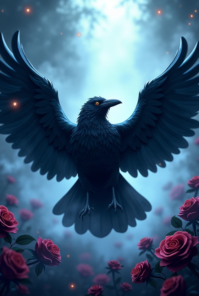 Crow with Open wings ,cartoon,mystical Spot light in Background, 
,light smoke,mystical,black roses with blue,purple,Red outlines,