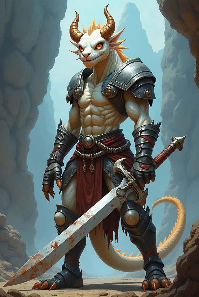 crie um draconato de d&d, this dragonborn has white scales, your eye is light orange, He has curled horns that end in a point at the back of his neck and his horns are small, Ele usa uma armadura pesada, but leave your head exposed, his armor is silver and gray, and on his elbow he uses a bandage to cover it, on his leg joints he also uses a bandage to cover them, his weapon is a double-ended sword with a handle to hold it in the middle., this sword is silver and gray, with some red details, and has a worn appearance, make it with smaller, curled horns, e ele é um dRAGONBORN
Crie essa arte no estilo de desenho de VOX MACHINA
Ele tem escamas, is a dragonborn