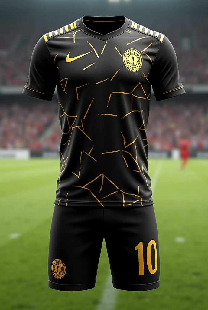 Create a soccer uniform , that it be black and gold and have pentagons in the design 