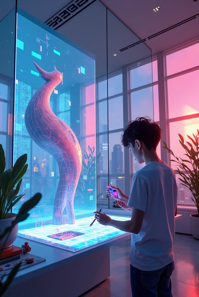 Of course! Imagine a young artist in a vibrant, futuristic space, creating a modern work of art. The scenario can include elements such as:

Environment: A futuristic studio with glass walls that show a futuristic city in the background. The space is illuminated by neon lights and colorful LED panels, creating a dynamic and lively atmosphere.
Art: The boy is working on a large digital canvas or interactive sculpture. Your tools can be holographic devices or advanced technology brushes, and the art can include fluid geometric shapes and vibrant colors that seem to come to life.
Details: The space is decorated with bioluminescent plants and futuristic design furniture. Perhaps there will be other artistic and technological elements, such as hologram projectors and work surfaces that change color and texture.
If you want to visualize this more concretely, it might help to look for illustrations of futuristic art or modern studio environments and mix these concepts with a touch of technological innovation. If you need a specific image, I can suggest keywords to search in image banks or digital art websites!

