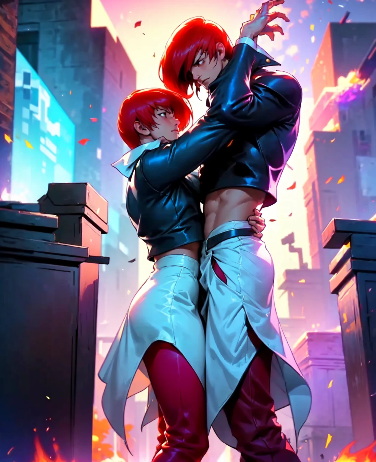 (The best quality,4k,High Resolutions:1.2),ultra detailed,(realist:1.37),1boy,only, Iori Yagami KOF,Iori Yagami,,Fiercely flowing red hair waving in the wind,black leather vest that fits perfectly to his muscular frame,white nightgown fluttering around him,red pants hugging her legs,black shoes shining with elegant polish