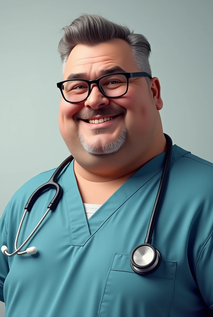 Doctor in scrub with glasses . Face chubby but handsome. Skin tone brown
Overweight not fat