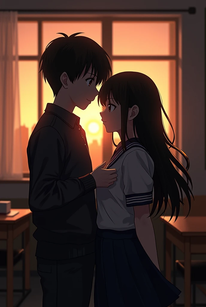 masterpiece, best quality, (1faceless boy:1.3),(boy grabbing breast:1.1),1girl .(school uniform:1.2), black long hair,brown eyes,(classroom:0.8), (sunset:0.7),(medium breasts:1.4), (sad smile:0.8)