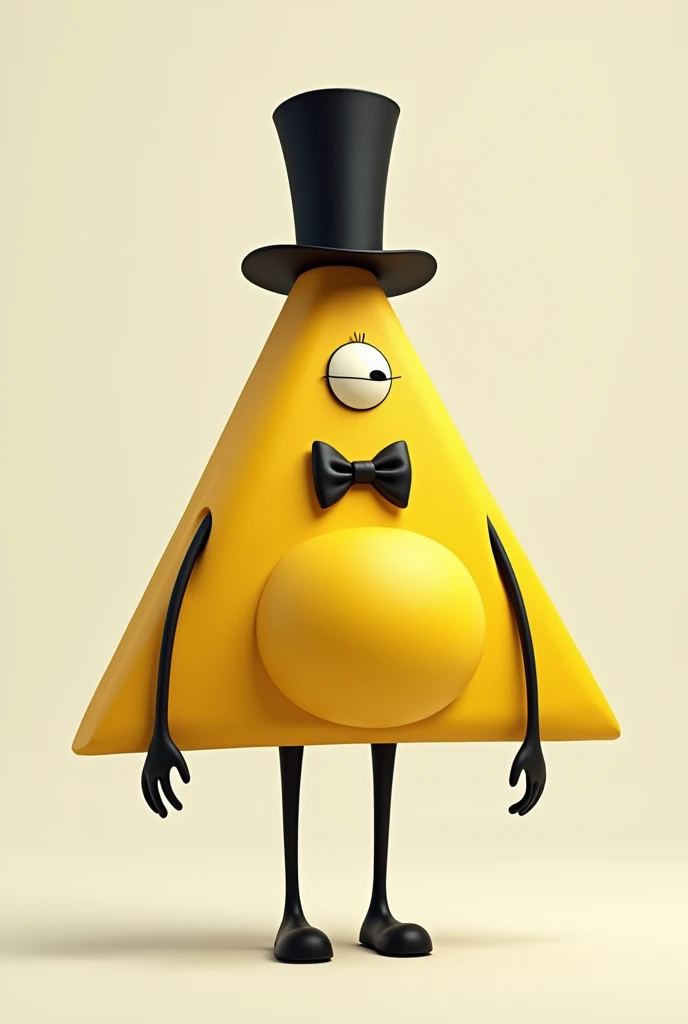 yellow triangle with one eye, bowtie, tophat and black limbs that pregnant 