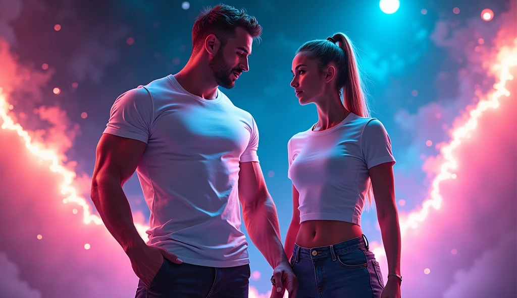 A man with muscles and a woman fitness, dressed in long white t-shirts, new fashion, announcement, neon color explosion, in deep space