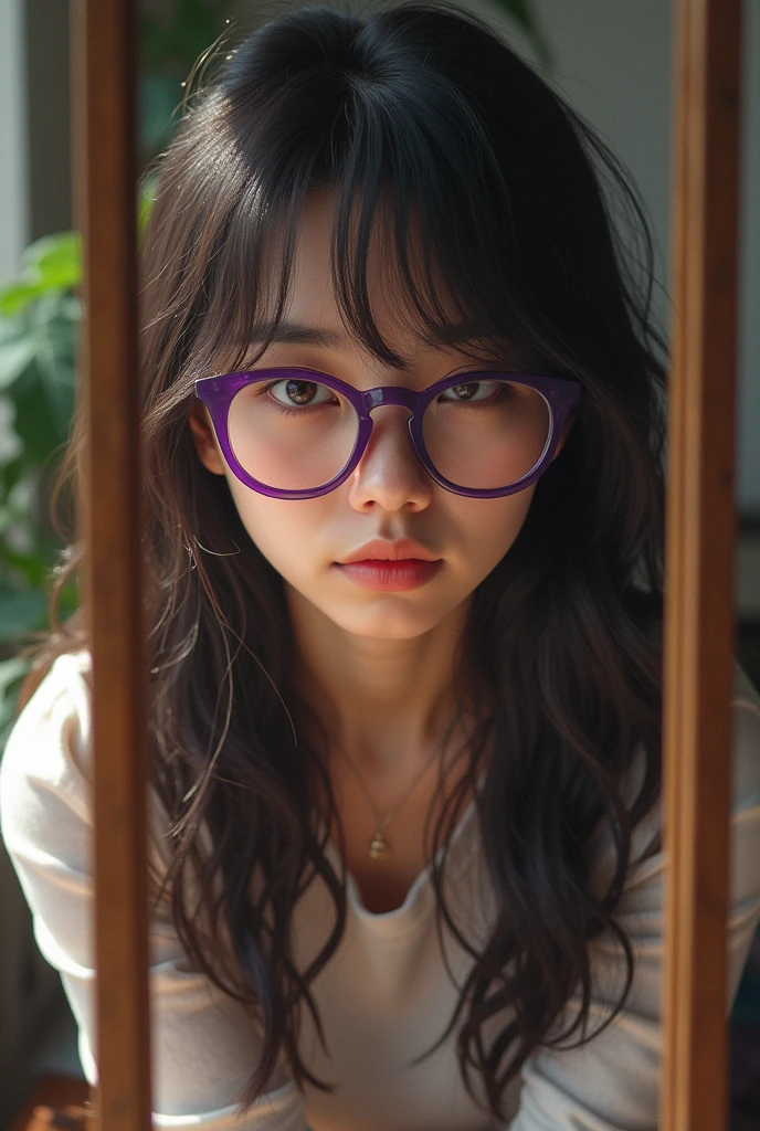  with long hair, half-slanted brown eyes, wearing purple glasses and taking a picture in front of the mirror real life

