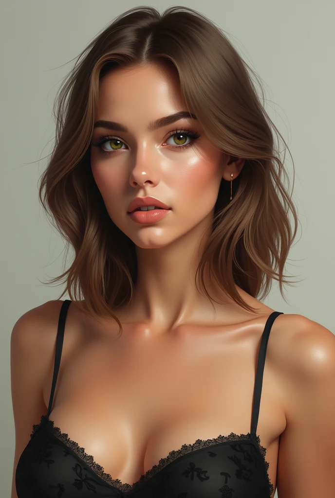 (photo realism 1.2) Beautiful, very realistic woman with fine features and a square jaw. Very detailed dark green eyes and shoulder-length light brown hair. with a large, slightly sagging chest and small, highly detailed nipples