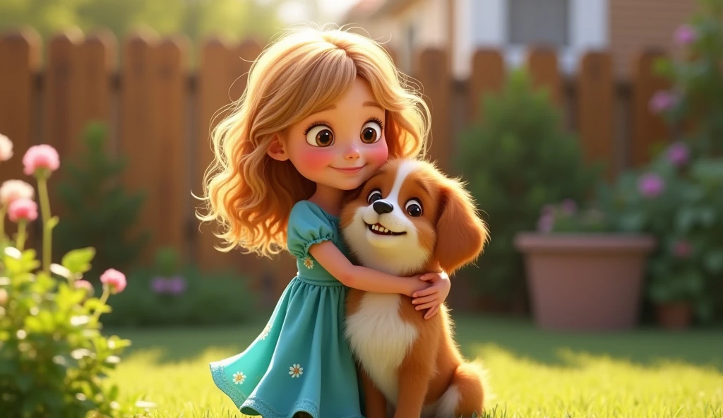 Create a 5 year old with curly blonde hair, skin fair, and dark brown eyes. She is dressed in a beautiful blue dress and hugging a dog affectionately in the backyard of her house.. The scene must be in Pixar&#39;s distinctive digital art style.

