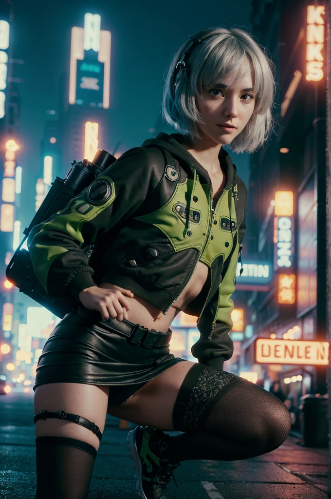 A young girl in realistic portrait of high quality and detail, movie style, Anby Demara (Zenless Zone Zero), She has short silver hair and light brown eyes. She wears a short black skirt and a green suit, long black knee socks, green sneakers and black sports underwear, pale skin, european girl, medium breast, futuristic style, cyberpunk style, happy look, glow, eye shadow, 1girl, Depth & Perspective, smiling face, fine face, She's standing in the cyberpunk street, outdoors, skyscrapers in a modern style in the background, daylight, clouds, blue sky, looking at viewer, (ultra-high detail:1.2), Masterpiece, Best Quality, Ultra-detailed, Cinematic lighting, 8K, delicate features, cinematic, 35 mm lens, f/1.9, highlight lighting, global lighting –uplight –v 4, cinematic, Cinematic lighting, 8K, high quality, Highest Quality, (Solo Focus), (extremly intricate:1.3), (Realistic), masterful, Analog style, (Film grain:1.5), (cold tone),