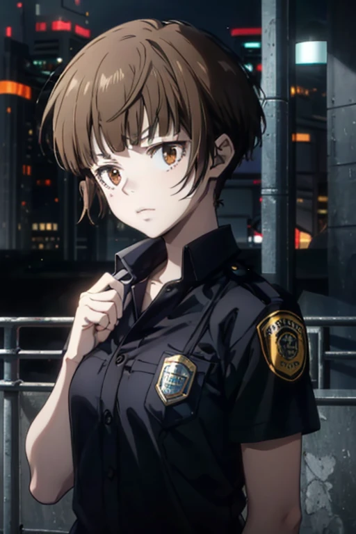 1adult woman,AkaneTsunemori, ((Hold the handgum with both hands)), police suite,city at night,