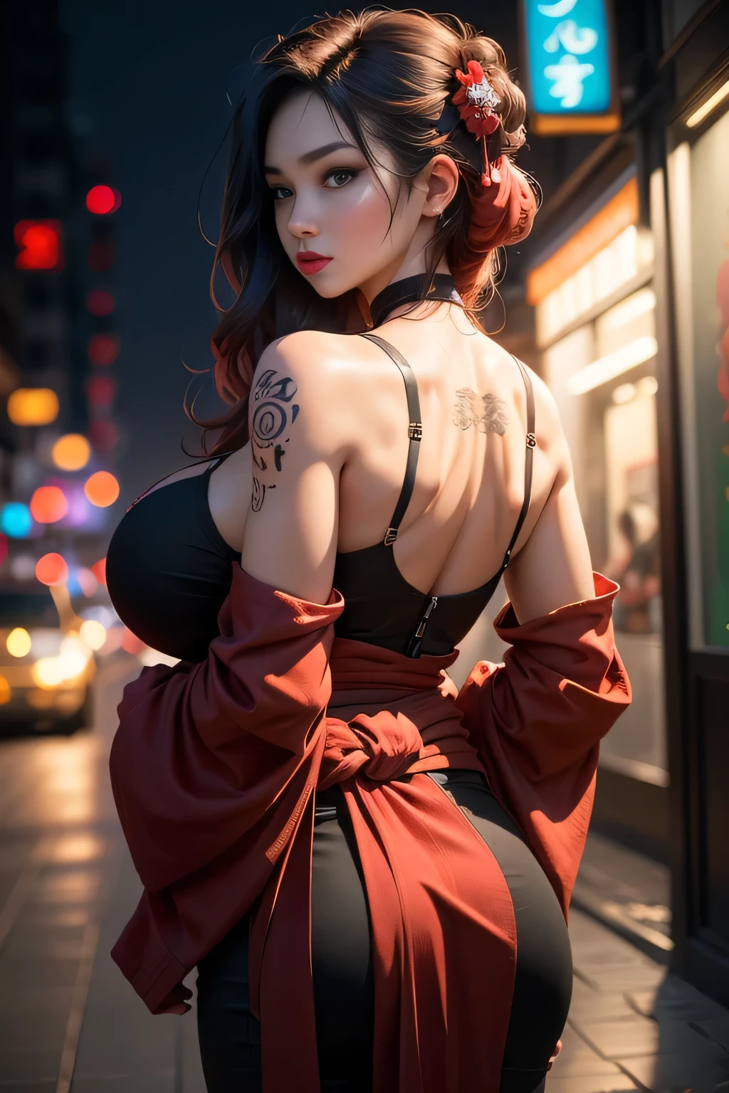 sfw, (masterpiece, best quality:1.4), (beautiful, aesthetic, cute, adorable:1.2), (depth of field:1.2), sexy, perfect female form, great breasts,back view, looking at viewer, expressive eyes, long hair, Asian age delinquent , dark night, neon lights, bokeh, vibrant colors, heavy make-up, bloody red lipstick, fiery red hair, pink yukata, extensive red and black tattoos, silver jewellery, cleavage, wearing bra,((skinny waist)), young asian girl, ((big breasted)),