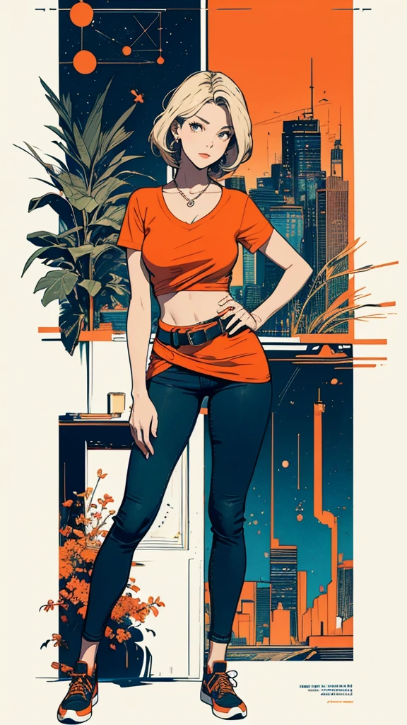 ((masterpiece, Highest quality)), (((whole body :1.5))), 32K Wallpapers, Very detailed, Poster, Vintage science fiction, 1960s,(((geometric cinematic movie Poster))), (Bauhaus), shape,Abstract, Midcentury Modern, movie Poster, Vintage, Perfect Lady,1970s,Halftone,Speech bubble,(((portfolio,close))), Tall and straight blonde mature girl, Sexy, Medium Neck, He is wearing a plain, tight orange short-sleeved U-neck T-shirt, She completely exposed her midsection, She is wearing jeans, she wears a large orange belt with a red heart-shaped buckle, beautiful abdomen, Beautiful thighs, Long and slender thighs, A pose that makes it appear as if you are facing forward with your hands on your hips, whole body