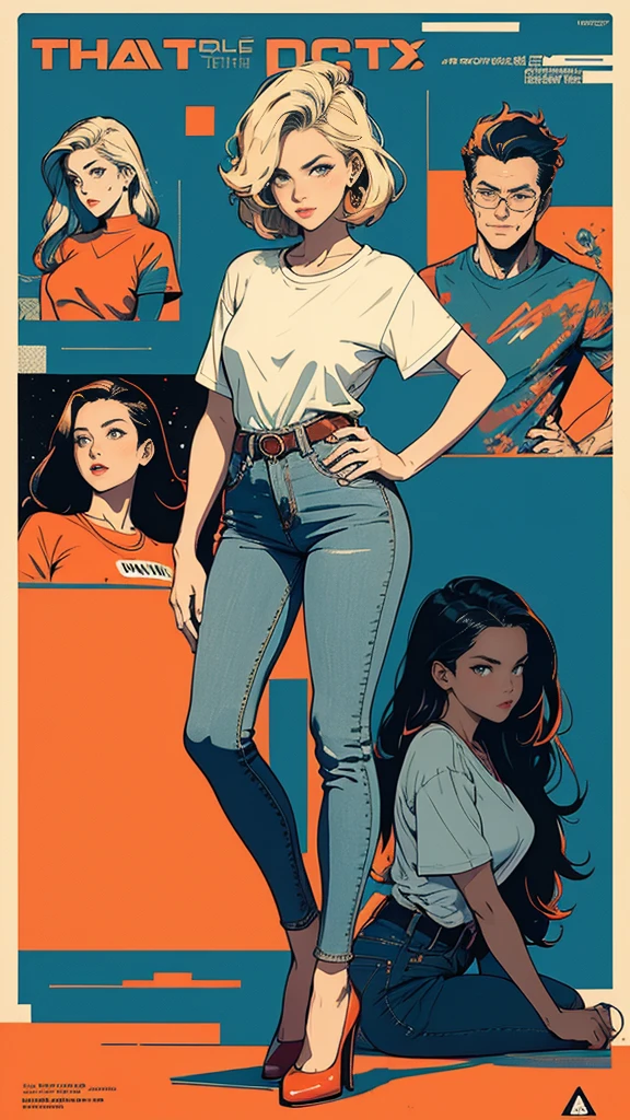 ((masterpiece, Highest quality)), (((whole body :1.5))), 32K Wallpapers, Very detailed, Poster, Vintage science fiction, 1960s,(((geometric cinematic movie Poster))), (Bauhaus), shape,Abstract, Midcentury Modern, movie Poster, Vintage, Perfect Lady,1970s,Halftone,Speech bubble,(((portfolio,close))), Tall and straight blonde mature girl, Sexy, Medium Neck, He is wearing a plain, tight orange short-sleeved U-neck T-shirt, She completely exposed her midsection, She is wearing jeans, she wears a large orange belt with a red heart-shaped buckle, beautiful abdomen, Beautiful thighs, Long and slender thighs, A pose that makes it appear as if you are facing forward with your hands on your hips, whole body