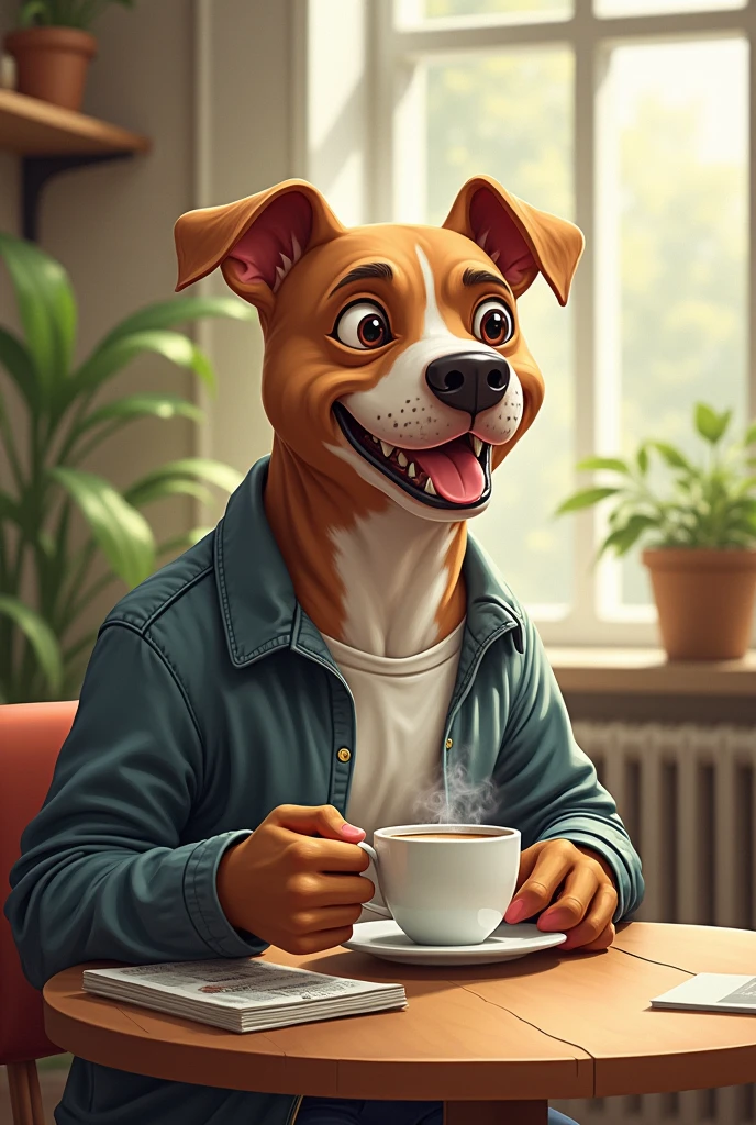 Human body with cute happy Pitt bull dog head drinking coffee sitting at a table