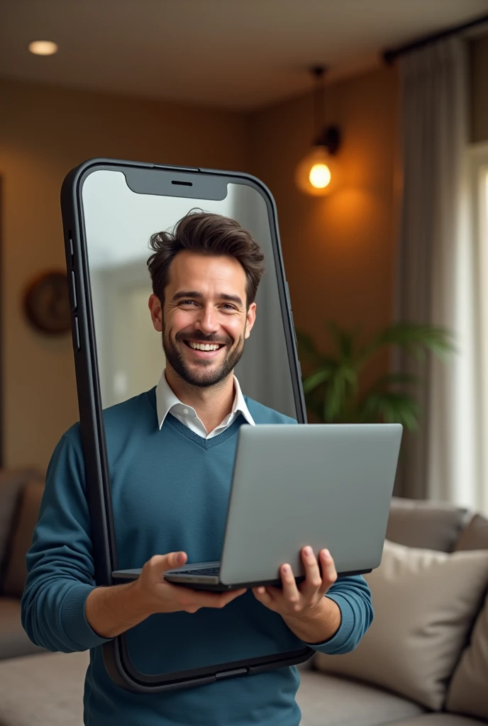 (photorealism:1.2), Smiling handsome man emerging from the screen of a mobile phone seen from the side, to deliver a laptop to a client's home, The background of the scene should be of a warm modern home
