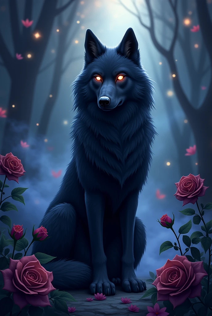 Black wolf,cartoon,mystical Spot light in Background,
,light smoke,mystical,black roses with blue,purple,Red outlines,