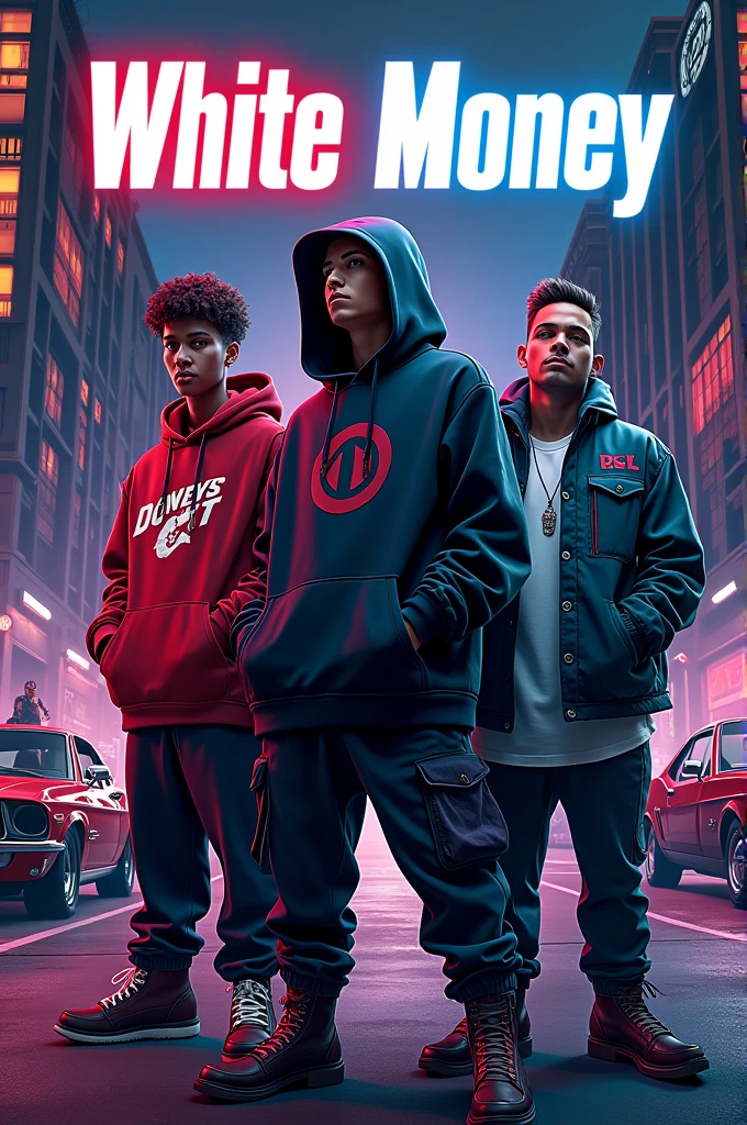 Design a modern, urban-themed poster for a streetwear clothing brand called 'White Money.' The poster should showcase key streetwear items such as hoodies, oversized t-shirts, and jackets, emphasizing bold and trendy designs. The clothing should feature intricate graphic elements like logos, text, and images that reflect urban culture, including cityscapes, money symbols, and stylized typography. The overall aesthetic should be edgy and vibrant, with a mix of dark and bright colors to create a visually striking contrast. Incorporate elements like a city skyline, luxury cars, and a modern, artistic vibe that appeals to a young, fashion-forward audience." With Deadpool and captain America