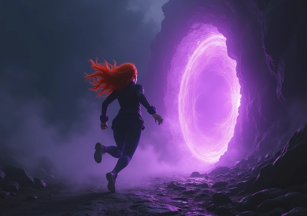 redhead woman running to a purple portal in the darkness