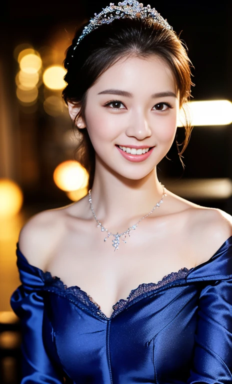 (a gorgeous lady,  22, light off-the-shoulder, blue gown, floral lace, detailed bodice, sleeves, sweetheart neckline, silky fabric, delicate necklace, symmetrical design, elegant tiara,

 ((beautiful detailed face)), beautiful detailed eyes, long eyelashes, dimples, kind smile, cute snaggle-teeth, cute ponytail, ample round bosom, perfect body anatomy, natural pose, romantic night sky,

Masterpiece, photorealistic, beautiful detailed eyes, hyper-realism, high contrast, ultra HD, realistic skin textures, top image quality, top-quality, super high resolution, fine details, very meticulously, cowboy_shot, bokeh background, SFW)