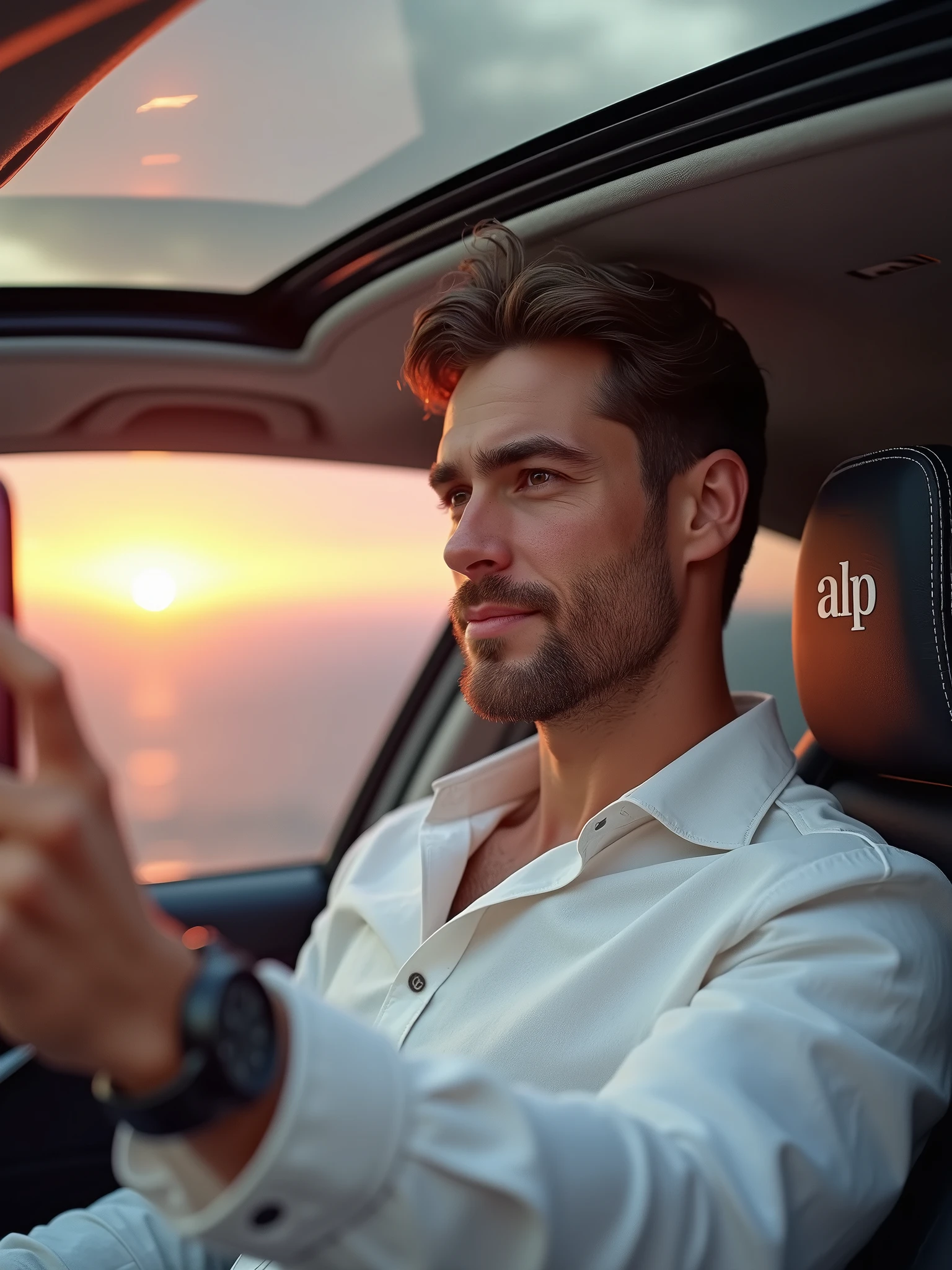Hyperrealistic selfie of ((André, 1Man, 30 years old)), (realistic, photorealistic:1.37), ((brown hair:0.6)), ((short straight hair)), ((magnificent pair of brown eyes:0.6)), intricate details, perfect muscular body structure, clear sun-kissed skin, wearing a modern sophisticated white linen long-sleeve shirt and a modern sophisticated watch. 3/4 angle (45 degrees) camera view. Calm expression expressing deep gratitude. Holding cellphone with left hand for a side-pose selfie. Focus on André through the selfie, panoramic sunroof, sports seat with synthetic leather and embroidered "ALP" initials on headrest, and passenger side door. Natural light with magnificent pink-orange sunset. External environment. Infinity"