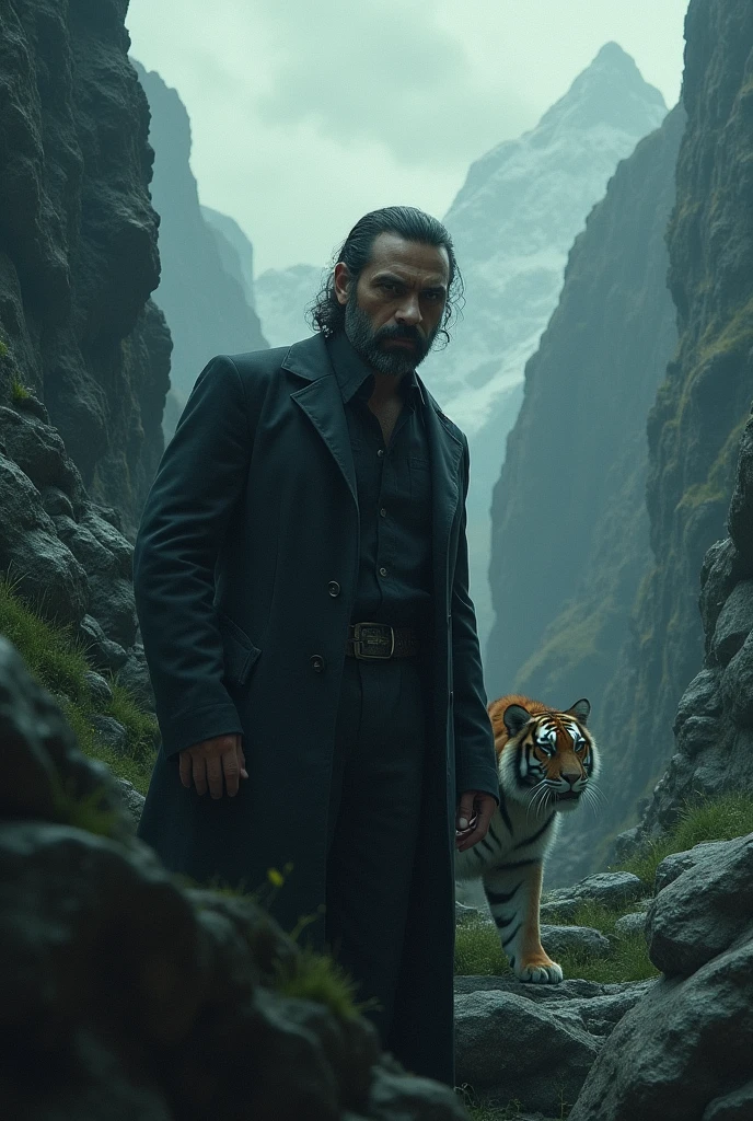 A man is scary in a mountain with a tiger in the background a little scary and the name Suman Garami written on the side.