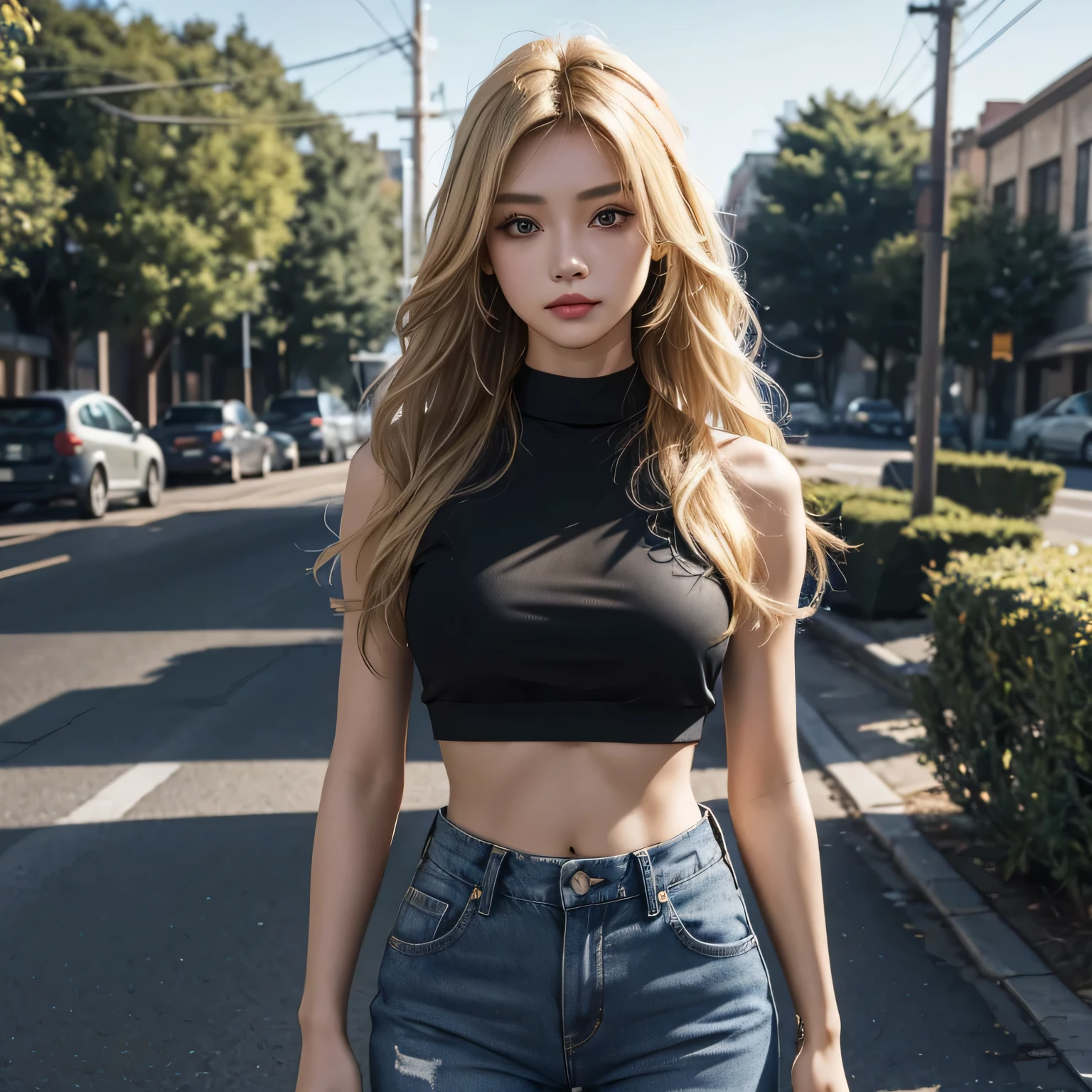solo, beautiful girl, blonde long hair, black crop top, blue jeans pants, vivid colours, ray tracing, 8K Res, UHD.