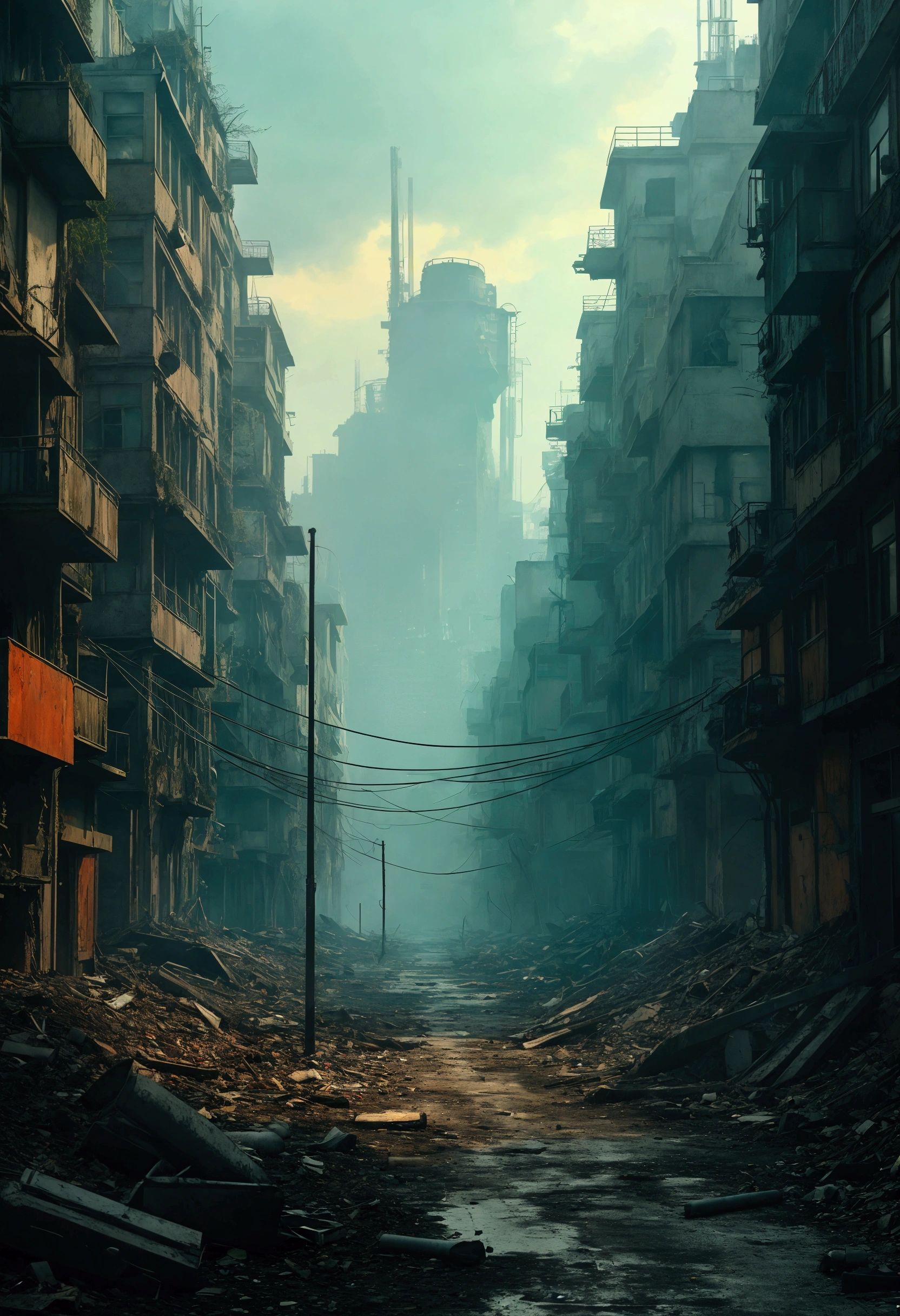 Il y a une rue sale avec beaucoup de débris dessus., ville post-apocalyptique streets, une ville dystopique abandonnée, in a ville post-apocalyptique, rue post-apocalyptique, ville post-apocalyptique, ville abandonnée, art conceptuel numérique de la dystopie, dark ville abandonnée streets, dans un paysage urbain en ruine, quartier post-apocalyptique, ville post-apocalyptique, ambiance post-apocalyptique
