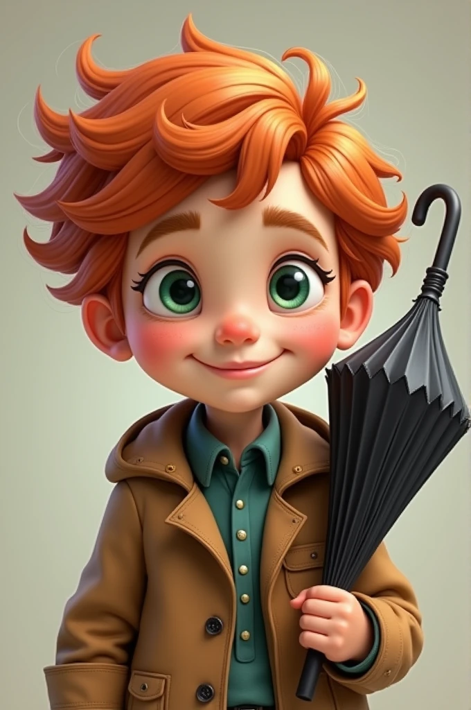 I want you to show me a boy with wavy orange hair and green eyes, a big smile and a brown jacket down to the knees, The most important thing is to carry a black gear umbrella.