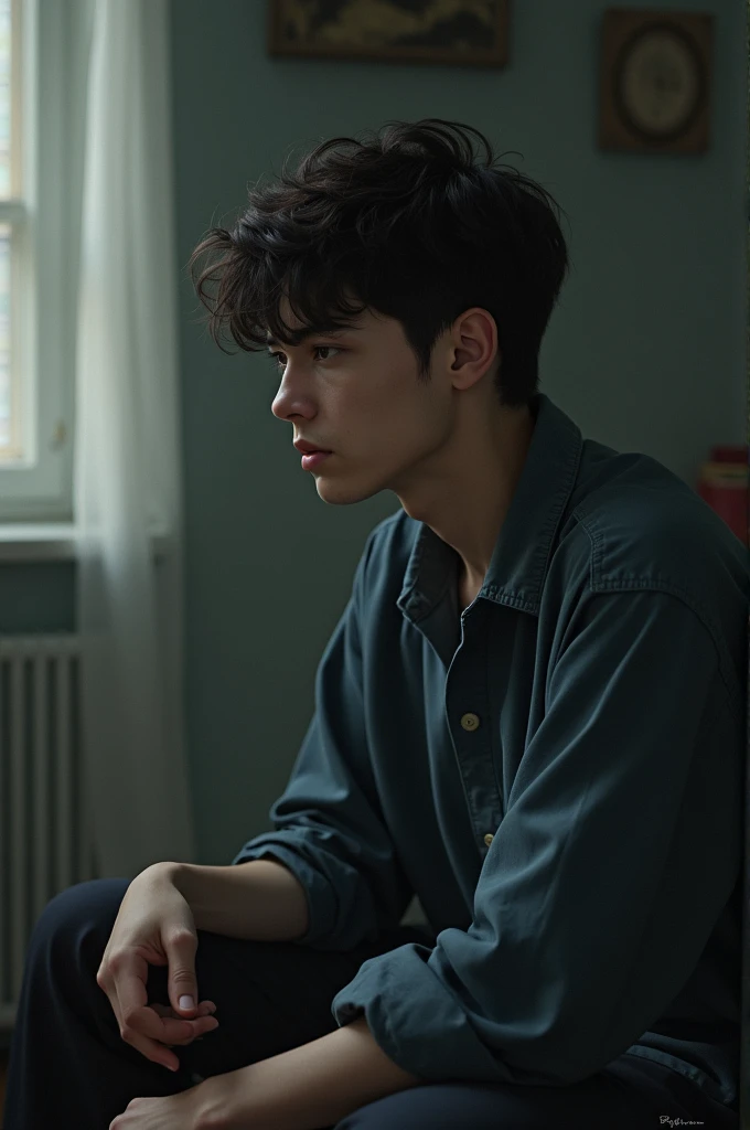 A young man sitting, Thinking about the day his mother abandoned him 