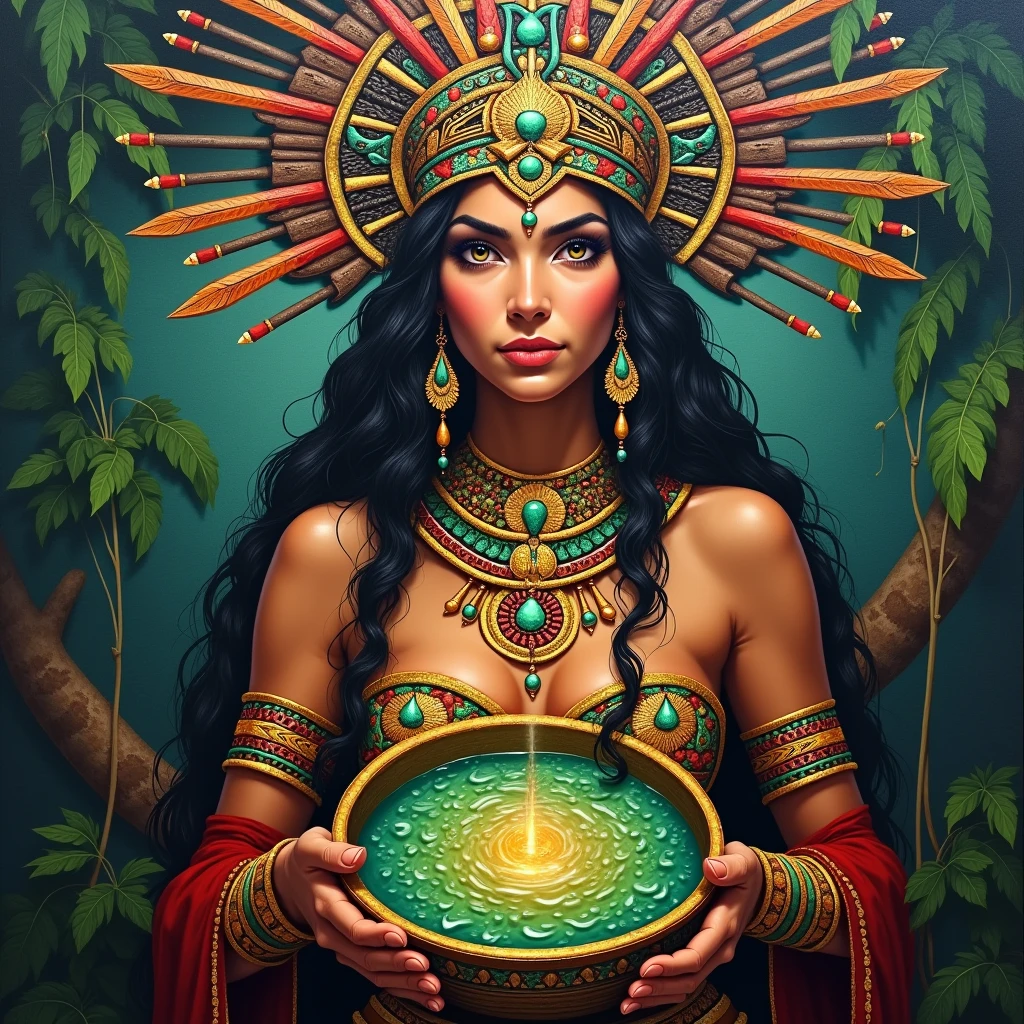 painting of a beautiful woman shaman holding a bole of Ayahuasca, mayan style, classic mayan mythology, aztec mythology, tribal ancient imagery, very intricate art, insanely detailed art, very detailed art, aztec iconography, mayan god, intricately detailed artwork, hyper detailed art, aztec god, clean detailed art, incredibly detailed art, highly detailed art, extremely detailed art. by Ray Shark