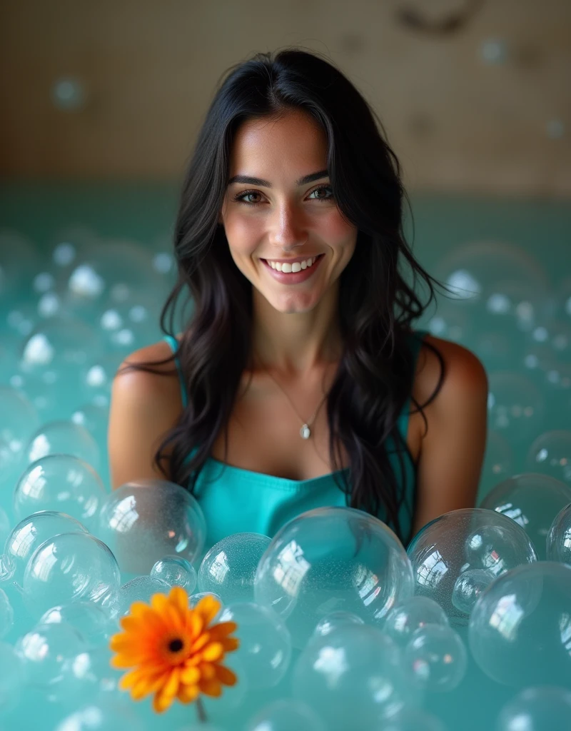 A beautiful 26-year-old Italian girl with long straight black hair is wearing only a cyan apron and a shiny marigold among a pile of bubbles made with dishwashing liquid.. Excellent quality, high detail.   8k image, low angle.   Dutch shot.   look   Her breasts are prominent, her attractive and attractive figure is happy