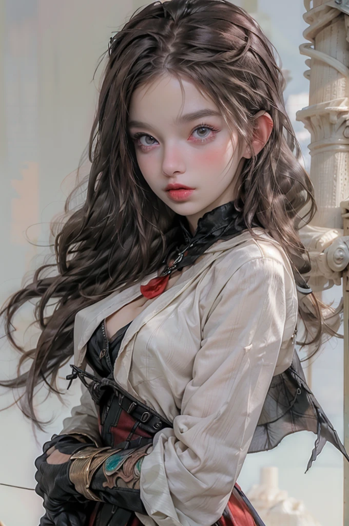 ((best quality)), ((masterpiece)), (detailed), perfect face, ((best quality)), ((masterpiece)), (detailed), perfect face(Golden ratio:1.2),(Fault color:1.3),[(White background:1.4)::10], (full bodyesbian:1.2),(Ultra-detailed:1.3), （white color background）white background, plain background, s girl，redhead hair，Red glowing eyes, photorealestic,（（（Red and white trench coat））），（Red scarf)，a black pleated skirt，black t-shirts，longer sleeves，（（With a hood）），side-lighting, NSFW, Depicting female characters from ethereal anime in a high-quality anime art style，，，8K，Red and white shoes with a sense of technology，(chaotic geometric images:1.3),(nagative space:0.8), (ether colorful ink flowing:1.3), a knight, white background, plain background, Bloodborne inspired, tatty Bloodborne attire, occult aesthetic, occult, tatty red and white clothing detailed and intricate steampunk and detailed gothic loliwith a hood), long coat, Complex laced boots, Fluttering lace flared long knee length dress with frilly petticoats, long dress, knee length dress, pleated petticoats, lolita d, petticoats gothic lolita, beaul small breasts, (((( Highly detailed face))), small thin nose, Small thin lips mouth, (((Very sharp focused eyes))), Very large slit precision pale grey eyes that shine like jewels. very long eyelashes, Silver hair swaying in the wind, Emitting a dazzling light in a mandala pattern, white background, Very dramatic and cinematic lighting, tatty damaged old red and white clothing, full body, whole body, body, cosmic horror, grim dark