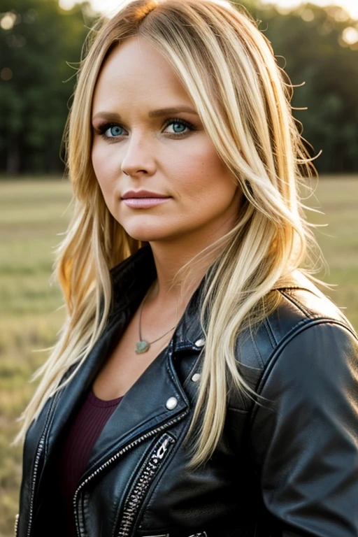 Close view, of, miranda lambert, face portrait, chubby, long blond hair, tight leather jacket, in texas pasture.