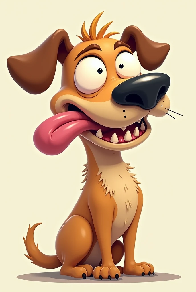 a dog with bulging eyes and crooked teeth , with a very large tongue turning around its own head ,etilo cartoon
