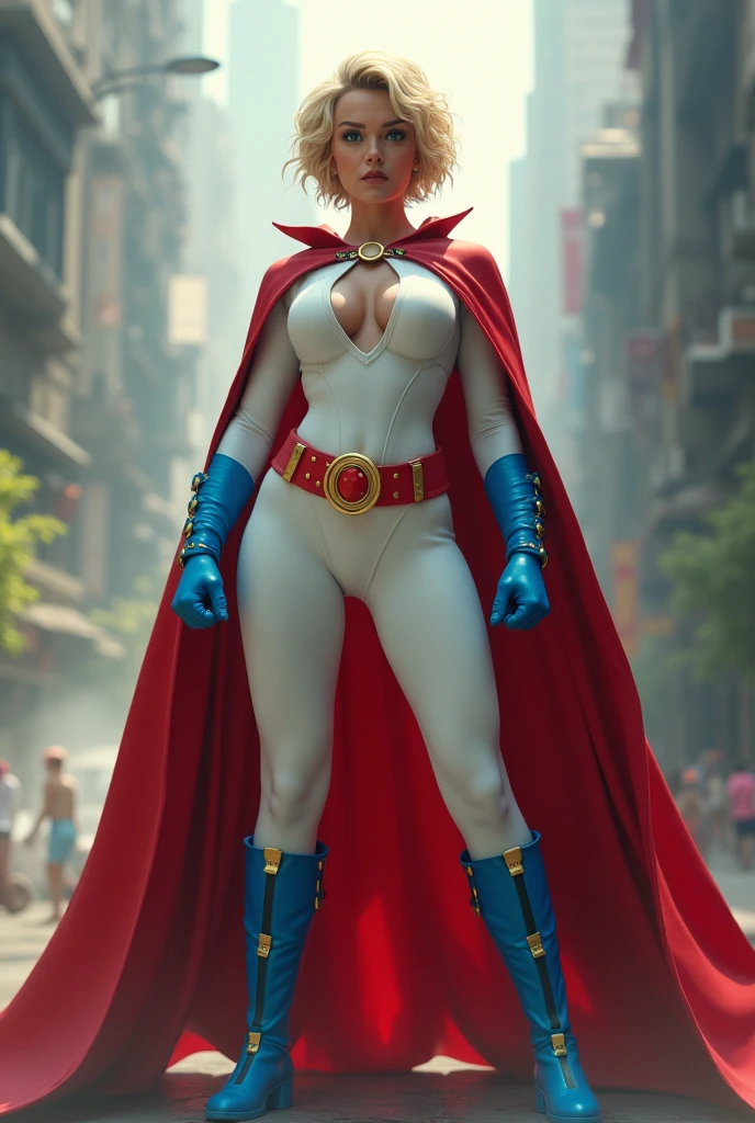 FULL BODY. A FEMALE WITH SHORT BLONDE HAIR, BLUE EYES WEARING A WHITE TURTLE NECK LEOTARD WITH LONG SLEEVES, A ROUND CLEAVAGE CUT OUT HOLE ON CHEST, BLUE GLOVES, BLUE BOOTS, A RED BELT WITH A GOLD CIRCLE, A LONG RED CAPE ATTACHED WITH GOLD CLASPS. GIGANTIC BOOBS. ABSURD 8K RESOLUTION, DYNAMIC BACKGROUND.