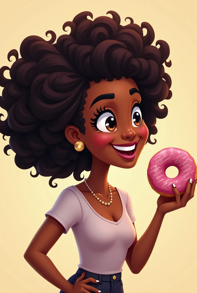 Create a logo brand Black cartoon woman with curly hair holding a donut in her hand 