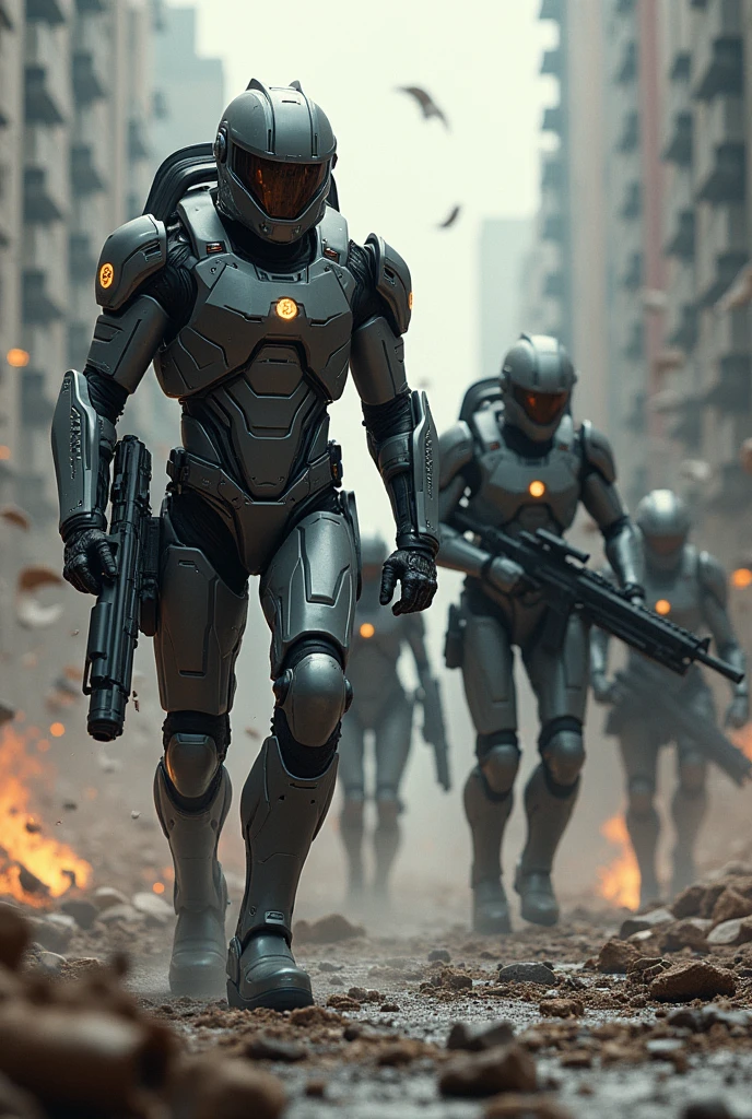 Soldiers armed with futuristic advanced armor fighting