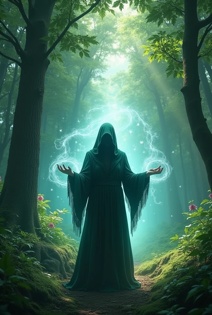 A person doing enchantment magic in a forest