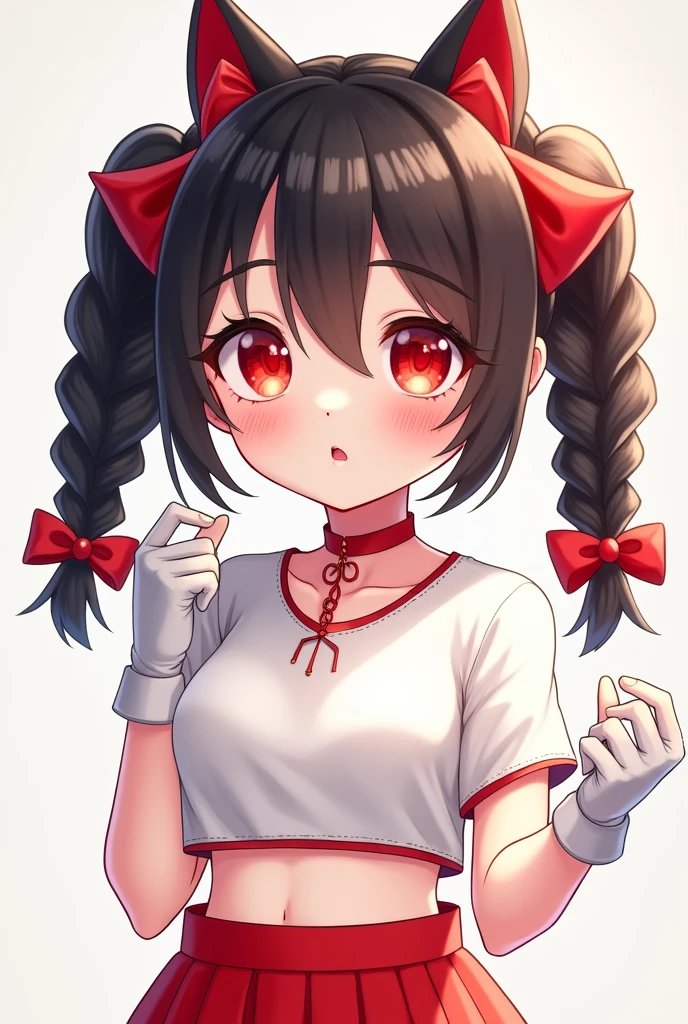 A red-eyed cutie with red pigtail hair and braids and a white crop top and white gloves
