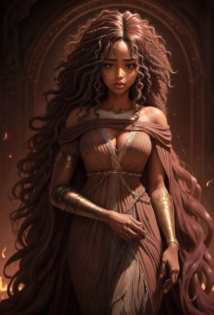 Create a mesmerizing image of a stunning woman with deep brown skin and long, voluminous Afro-curly hair cascading down her shoulders. She locks her gaze directly into the camera, her eyes full of intensity and allure. Her lips are slightly parted, revealing her tongue as a glistening strand of saliva slowly drips down, tracing a delicate path along her lower lip before beginning to fall. The scene is sensual and evocative, with the lighting subtly highlighting the sheen of the saliva, the fullness of her lips, and the texture of her curls. The background is soft and blurred, ensuring all attention is drawn to her powerful and captivating presence.